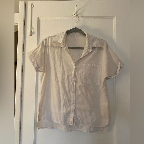 White Linen Short Sleeve Button Up Shirt Size Large - Picture 1 of 6